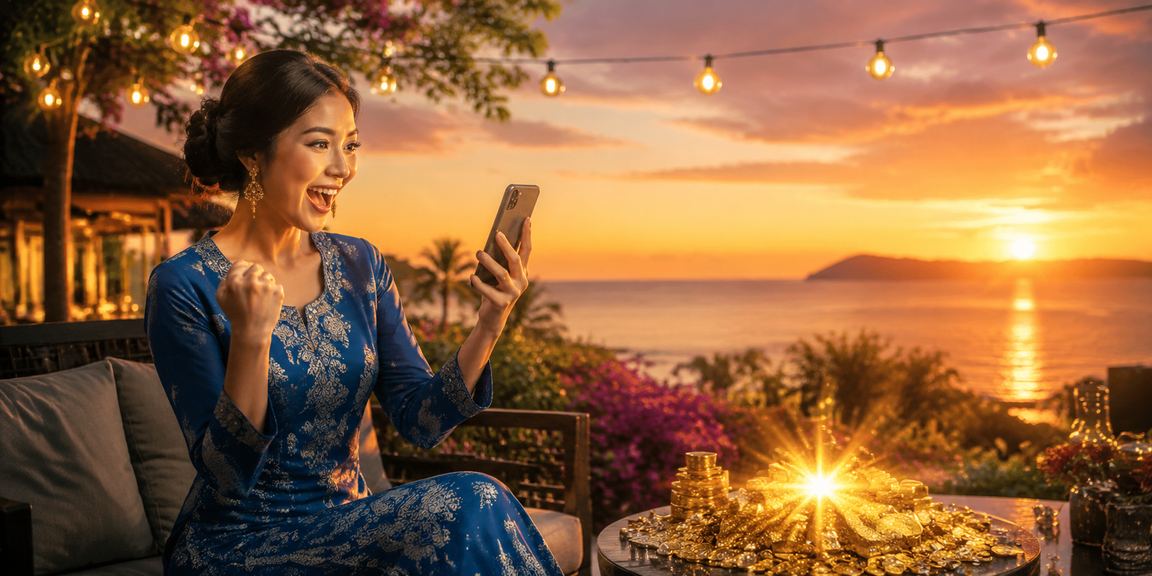 Pengguna Kota Kinabalu membuat deposit untuk loteri dalam talian dengan pakaian baju kurung tradisional